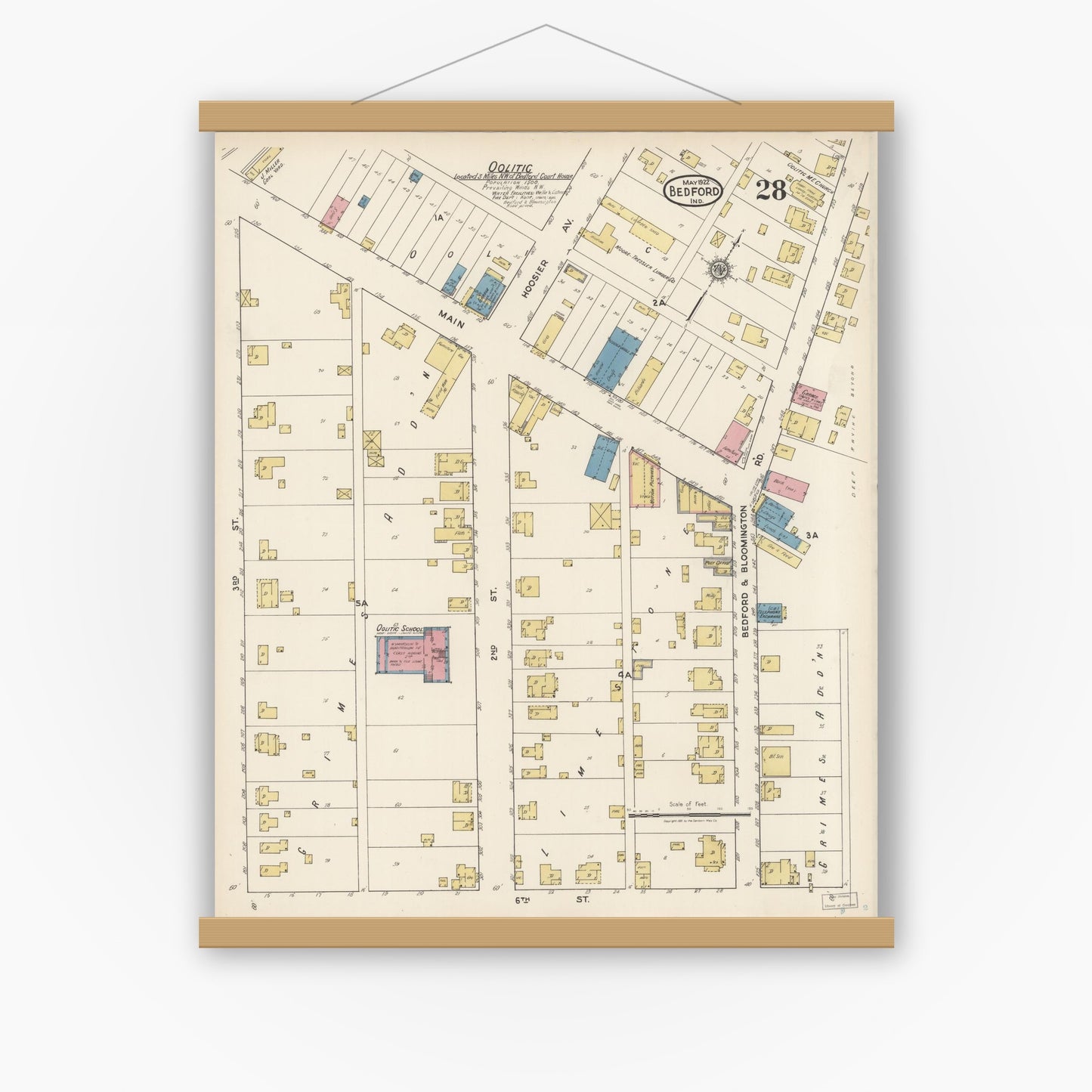Old map wall art mockup — magnetic wood frame on white wall — Sanborn Fire Insurance Map from Bedford, Lawrence County, Indiana (1922), Sheet #0028