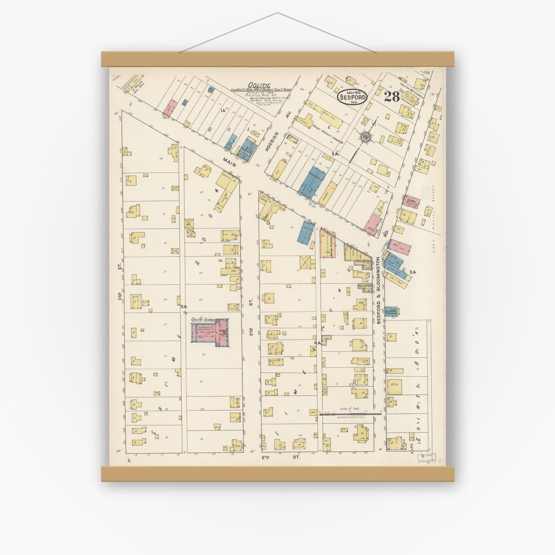 Old map wall art mockup — magnetic wood frame on white wall — Sanborn Fire Insurance Map from Bedford, Lawrence County, Indiana (1922), Sheet #0028