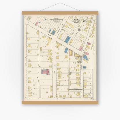 Old map wall art mockup — magnetic wood frame on white wall — Sanborn Fire Insurance Map from Bedford, Lawrence County, Indiana (1922), Sheet #0028