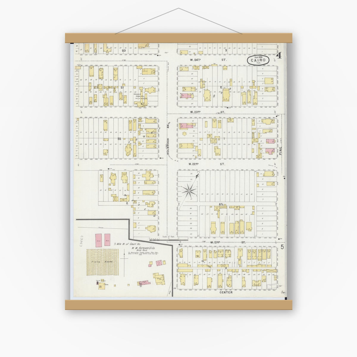 Old map wall art mockup — magnetic wood frame on white wall — Sanborn Fire Insurance Map from Cairo, Alexander County, Illinois (1896), Sheet #0004