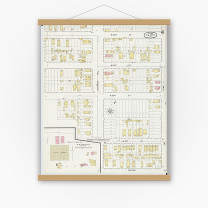 Old map wall art mockup — magnetic wood frame on white wall — Sanborn Fire Insurance Map from Cairo, Alexander County, Illinois (1896), Sheet #0004