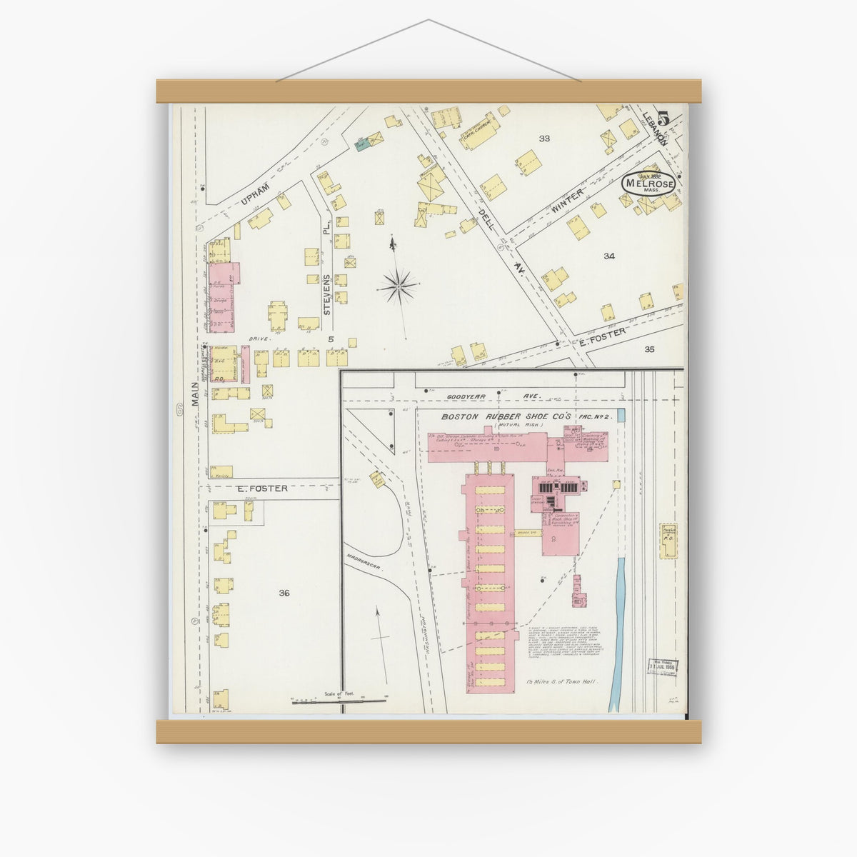 Old map wall art mockup — magnetic wood frame on white wall — Sanborn Fire Insurance Map from Melrose, Middlesex County, Massachusetts (1892), Sheet #0005