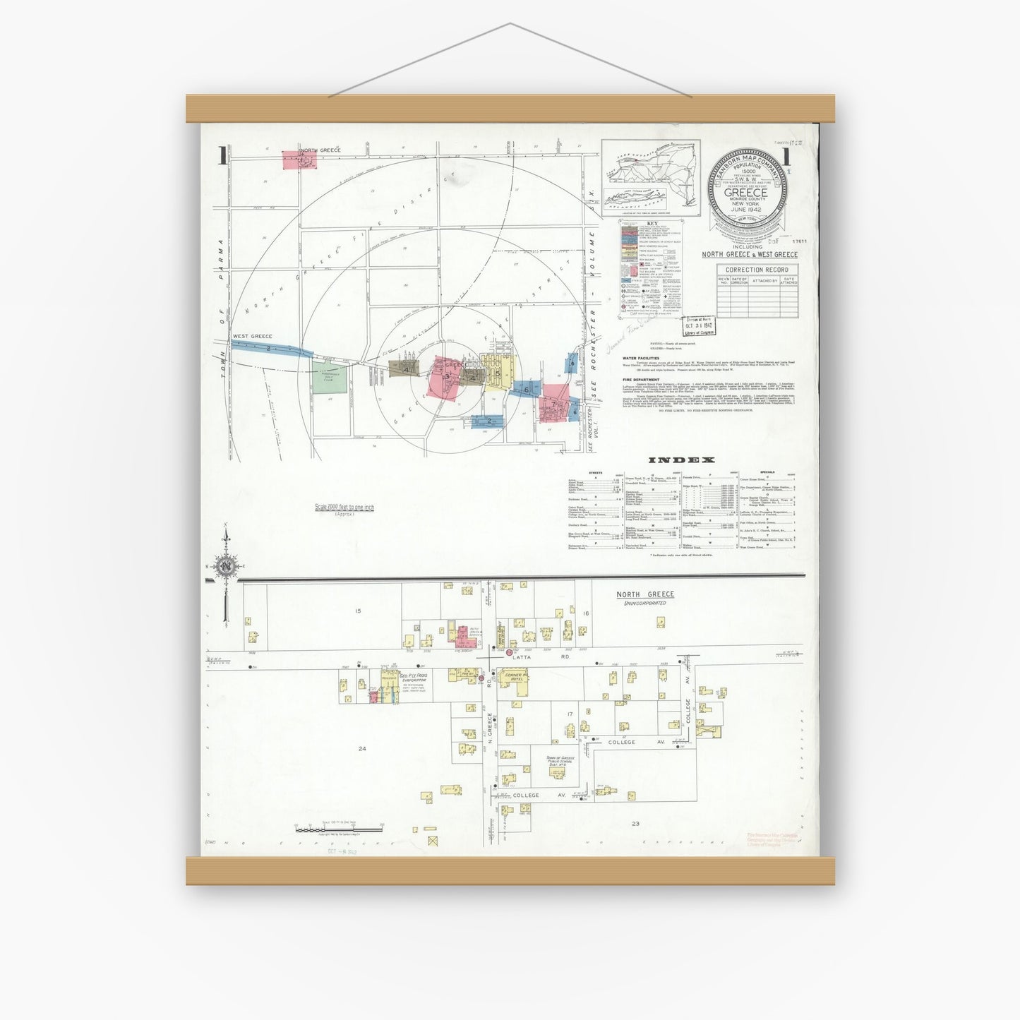 Old map wall art mockup — magnetic wood frame on white wall — Sanborn Fire Insurance Map from Greece, Monroe County, New York (1942), Sheet #0001