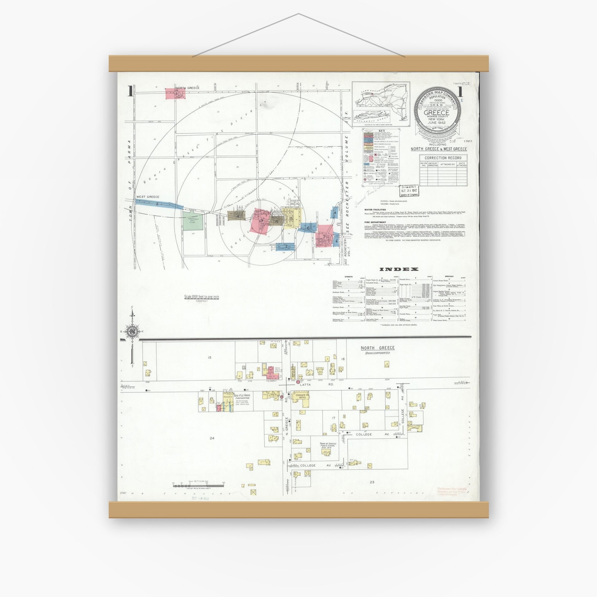 Old map wall art mockup — magnetic wood frame on white wall — Sanborn Fire Insurance Map from Greece, Monroe County, New York (1942), Sheet #0001
