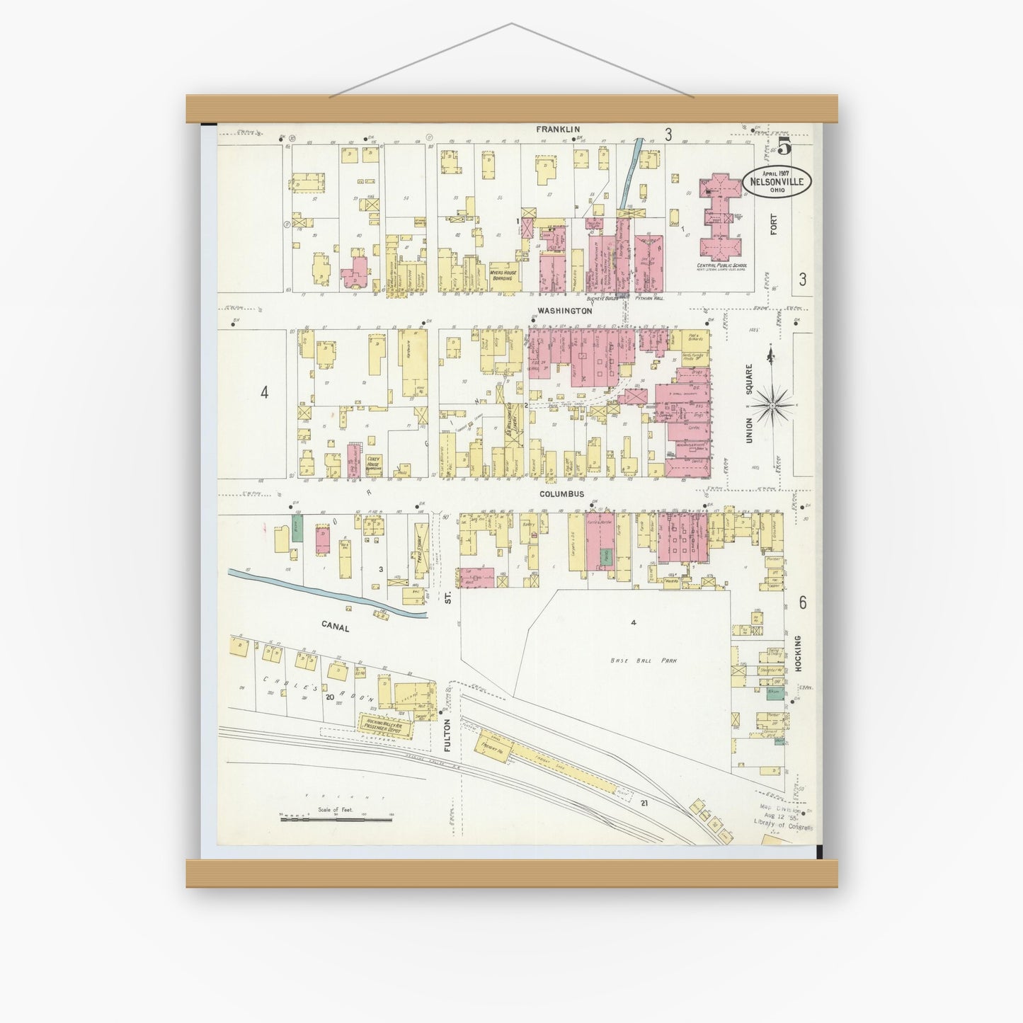 Old map wall art mockup — magnetic wood frame on white wall — Sanborn Fire Insurance Map from Nelsonville, Athens County, Ohio (1907), Sheet #0005