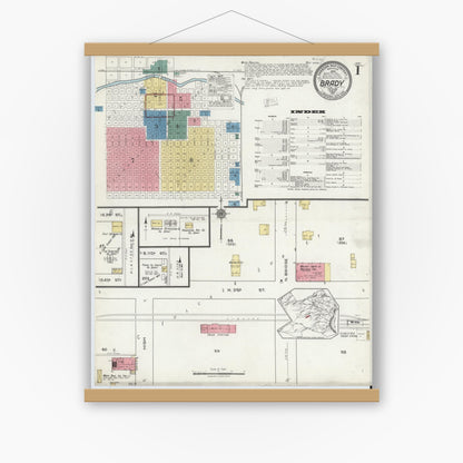 Old map wall art mockup — magnetic wood frame on white wall — Sanborn Fire Insurance Map from Brady, McCulloch County, Texas (1921), Sheet #0001