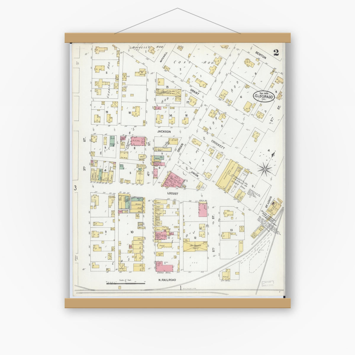 Old map wall art mockup — magnetic wood frame on white wall — Sanborn Fire Insurance Map from Eldorado, Saline County, Illinois (1900), Sheet #0002