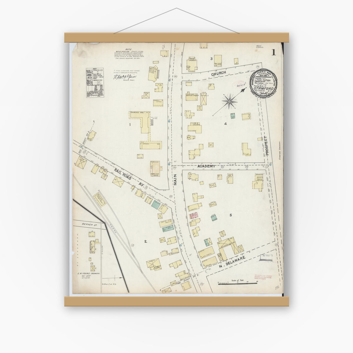 Old map wall art mockup — magnetic wood frame on white wall — Sanborn Fire Insurance Map from Stamford, Delaware County, New York (1891) - Complete Map Set