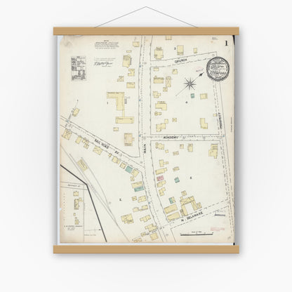 Old map wall art mockup — magnetic wood frame on white wall — Sanborn Fire Insurance Map from Stamford, Delaware County, New York (1891) - Complete Map Set