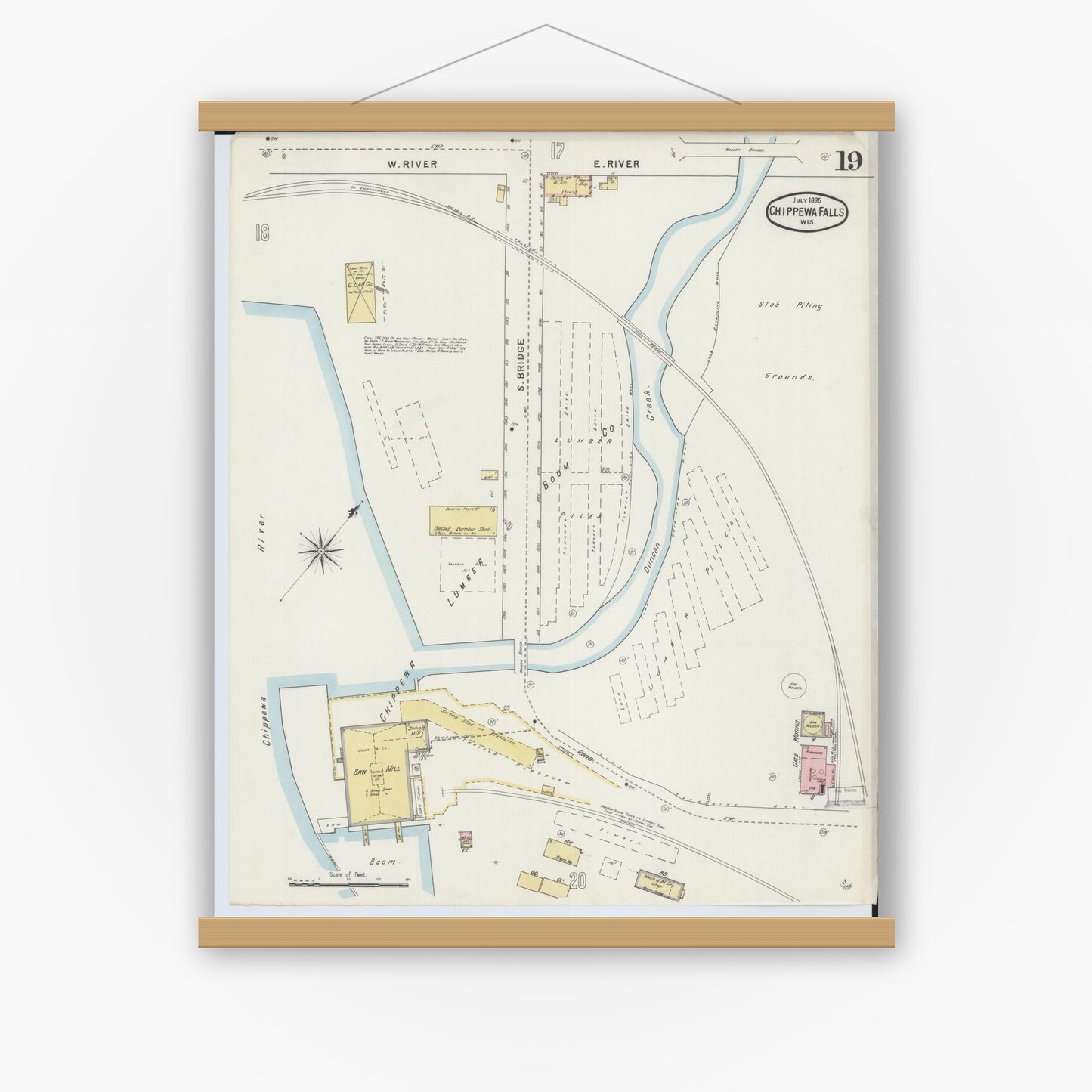 Old map wall art mockup — magnetic wood frame on white wall — Sanborn Fire Insurance Map from Chippewa Falls, Chippewa County, Wisconsin (1895), Sheet #0019