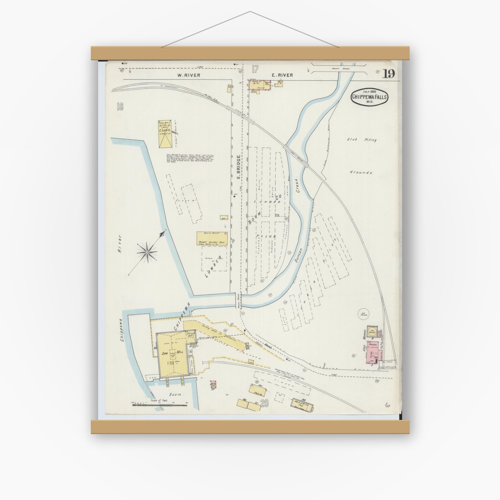 Old map wall art mockup — magnetic wood frame on white wall — Sanborn Fire Insurance Map from Chippewa Falls, Chippewa County, Wisconsin (1895), Sheet #0019