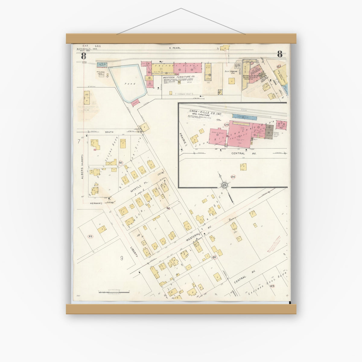 Old map wall art mockup — magnetic wood frame on white wall — Sanborn Fire Insurance Map from Batesville, Ripley County, Indiana (1948), Sheet #0008