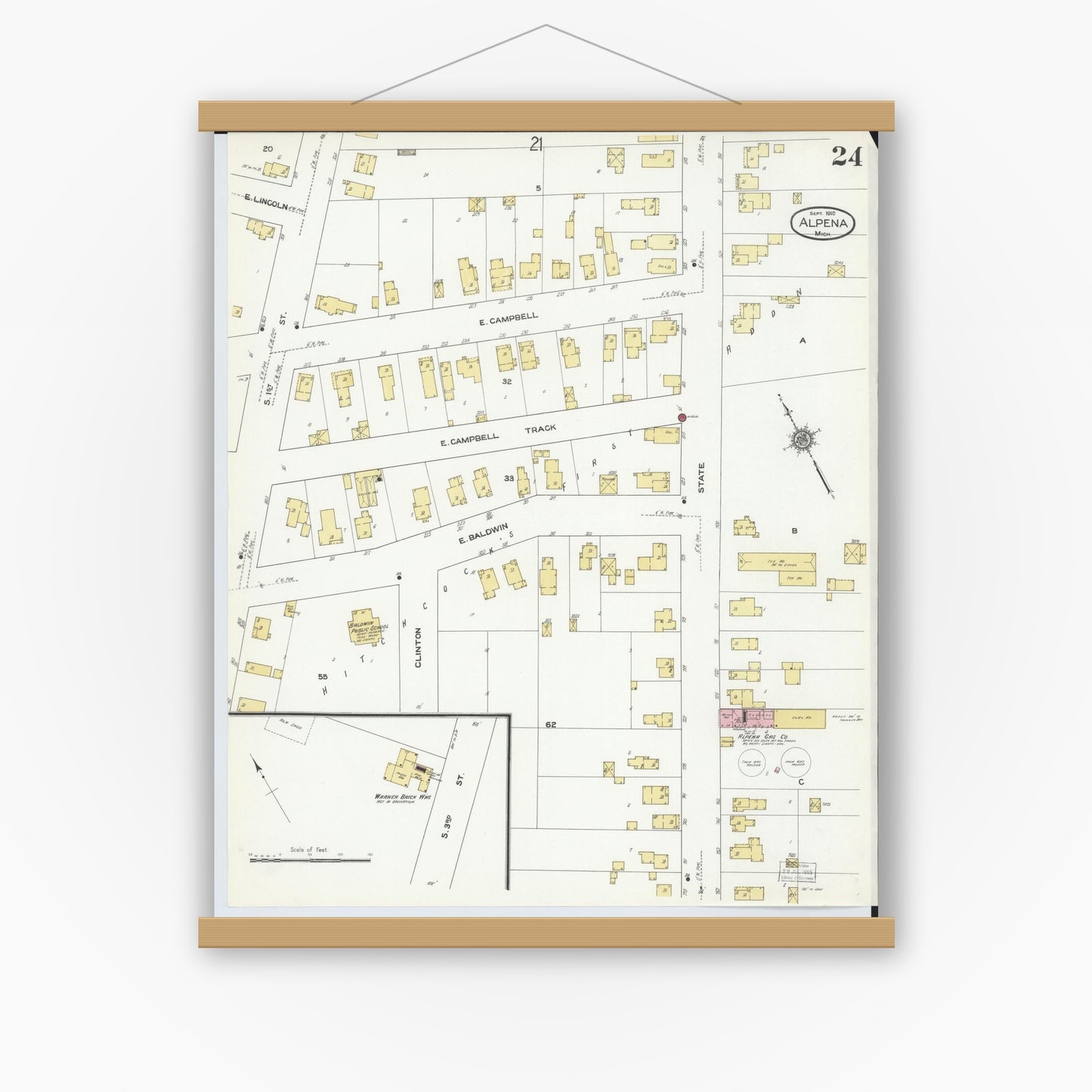 Old map wall art mockup — magnetic wood frame on white wall — Sanborn Fire Insurance Map from Alpena, Alpena County, Michigan (1910), Sheet #0024