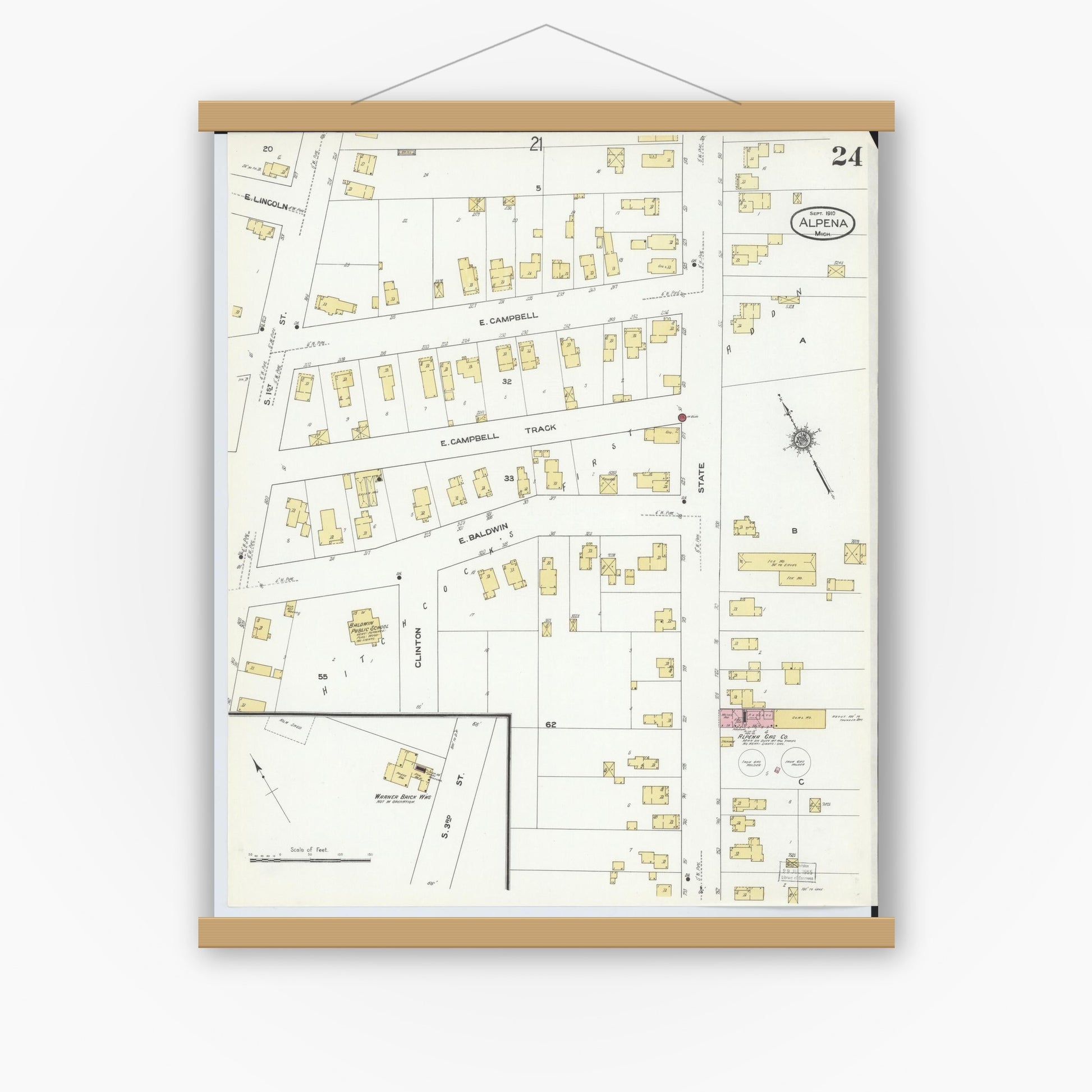 Old map wall art mockup — magnetic wood frame on white wall — Sanborn Fire Insurance Map from Alpena, Alpena County, Michigan (1910), Sheet #0024