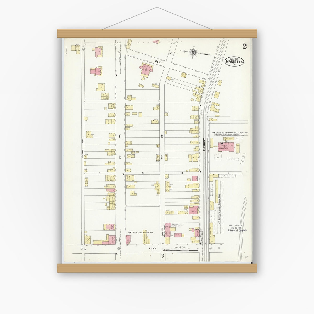 Old map wall art mockup — magnetic wood frame on white wall — Sanborn Fire Insurance Map from Marietta, Lancaster County, Pennsylvania (1909), Sheet #0002