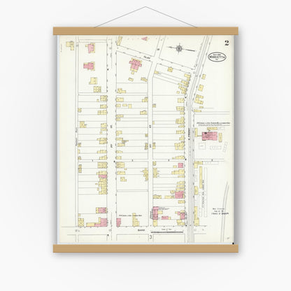 Old map wall art mockup — magnetic wood frame on white wall — Sanborn Fire Insurance Map from Marietta, Lancaster County, Pennsylvania (1909), Sheet #0002