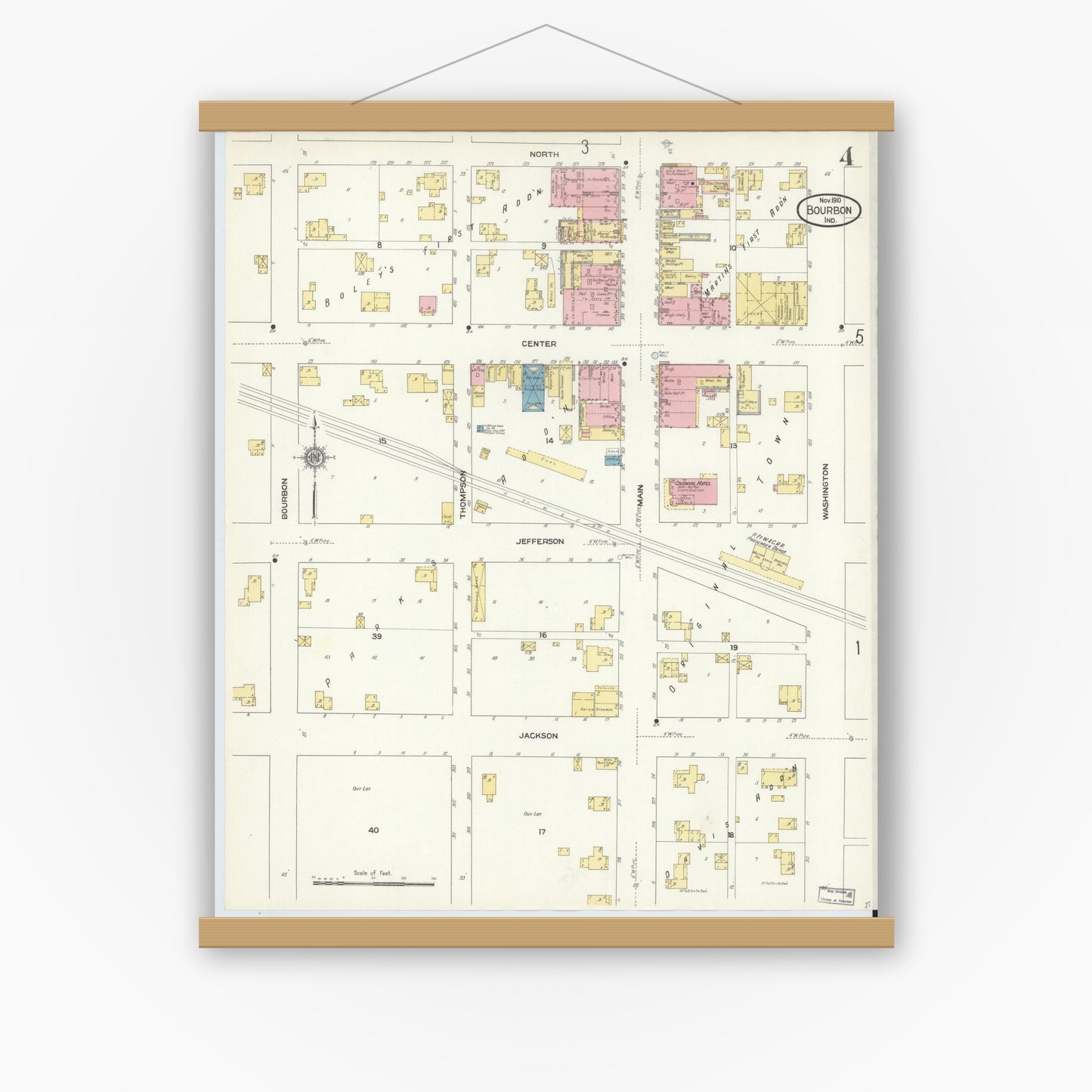 Old map wall art mockup — magnetic wood frame on white wall — Sanborn Fire Insurance Map from Bourbon, Marshall County, Indiana (1910), Sheet #0004
