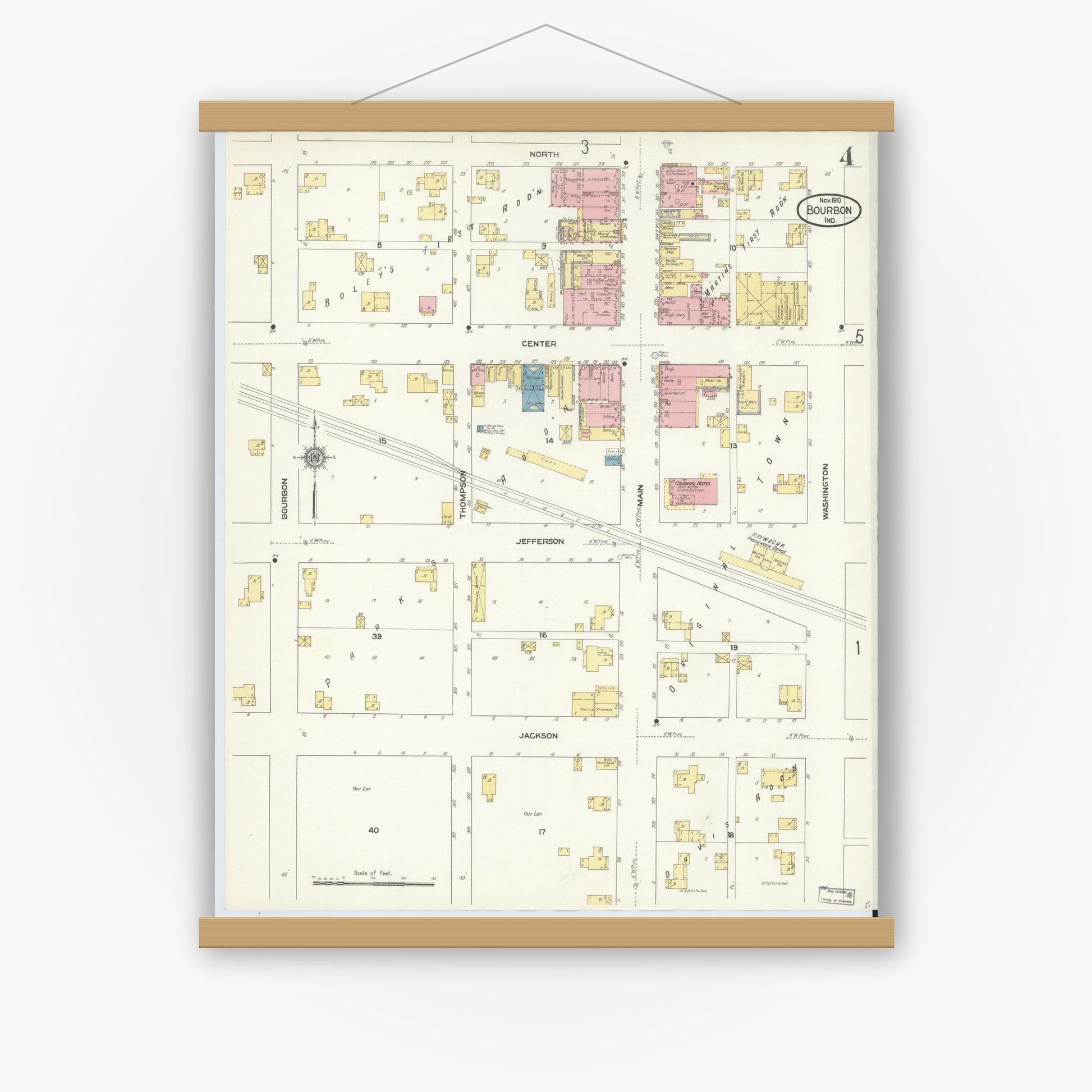 Old map wall art mockup — magnetic wood frame on white wall — Sanborn Fire Insurance Map from Bourbon, Marshall County, Indiana (1910), Sheet #0004