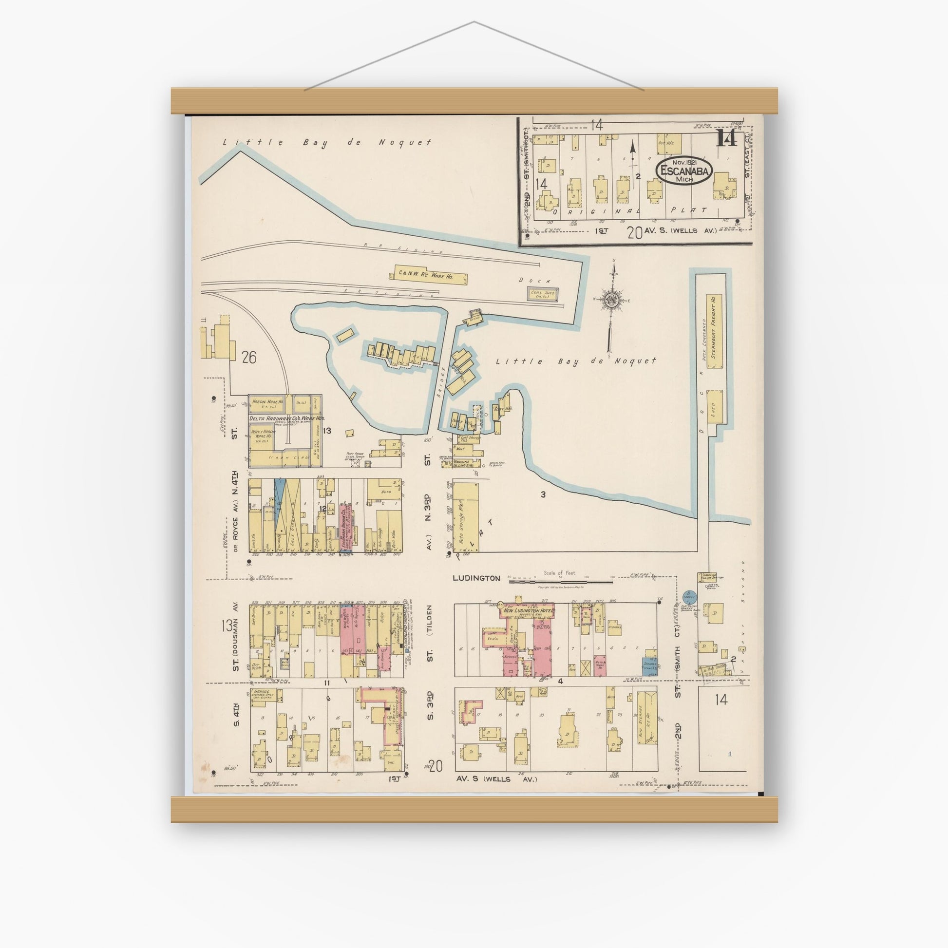 Old map wall art mockup — magnetic wood frame on white wall — Sanborn Fire Insurance Map from Escanaba, Delta County, Michigan (1921), Sheet #0014