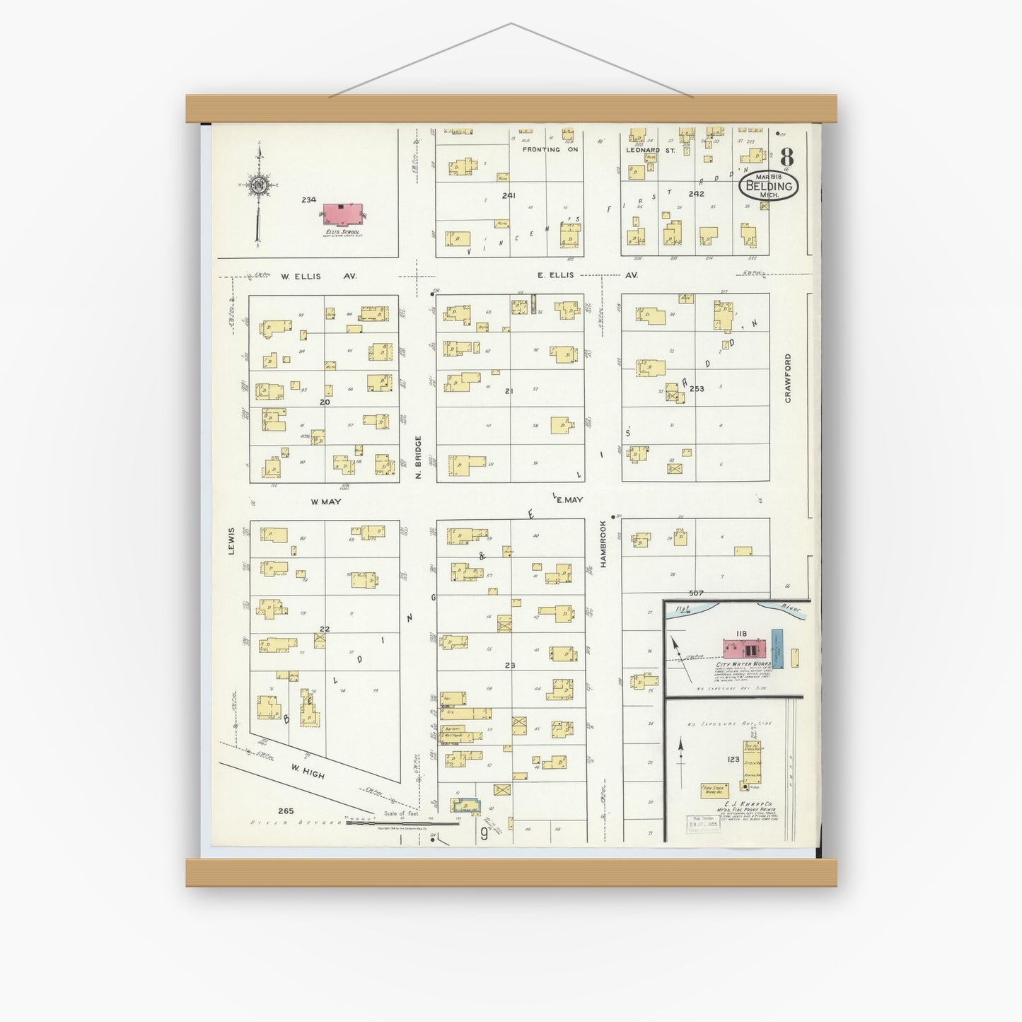 Old map wall art mockup — magnetic wood frame on white wall — Sanborn Fire Insurance Map from Belding, Ionia County, Michigan (1918), Sheet #0008