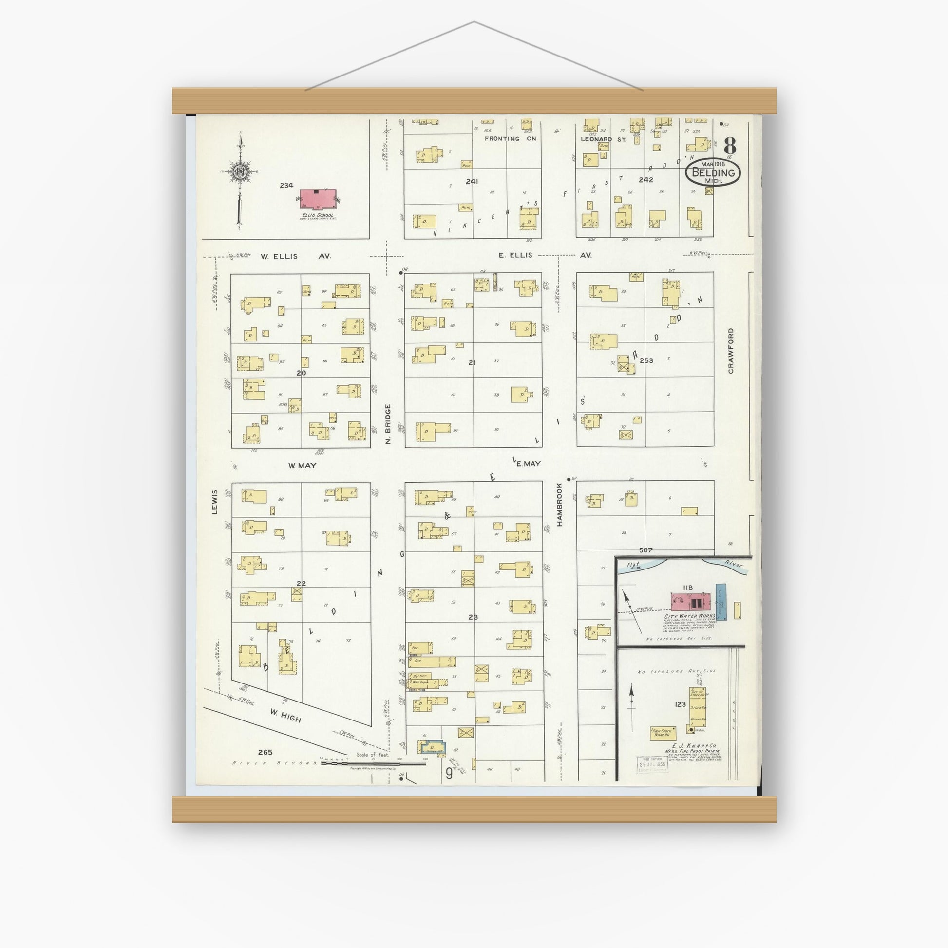 Old map wall art mockup — magnetic wood frame on white wall — Sanborn Fire Insurance Map from Belding, Ionia County, Michigan (1918), Sheet #0008