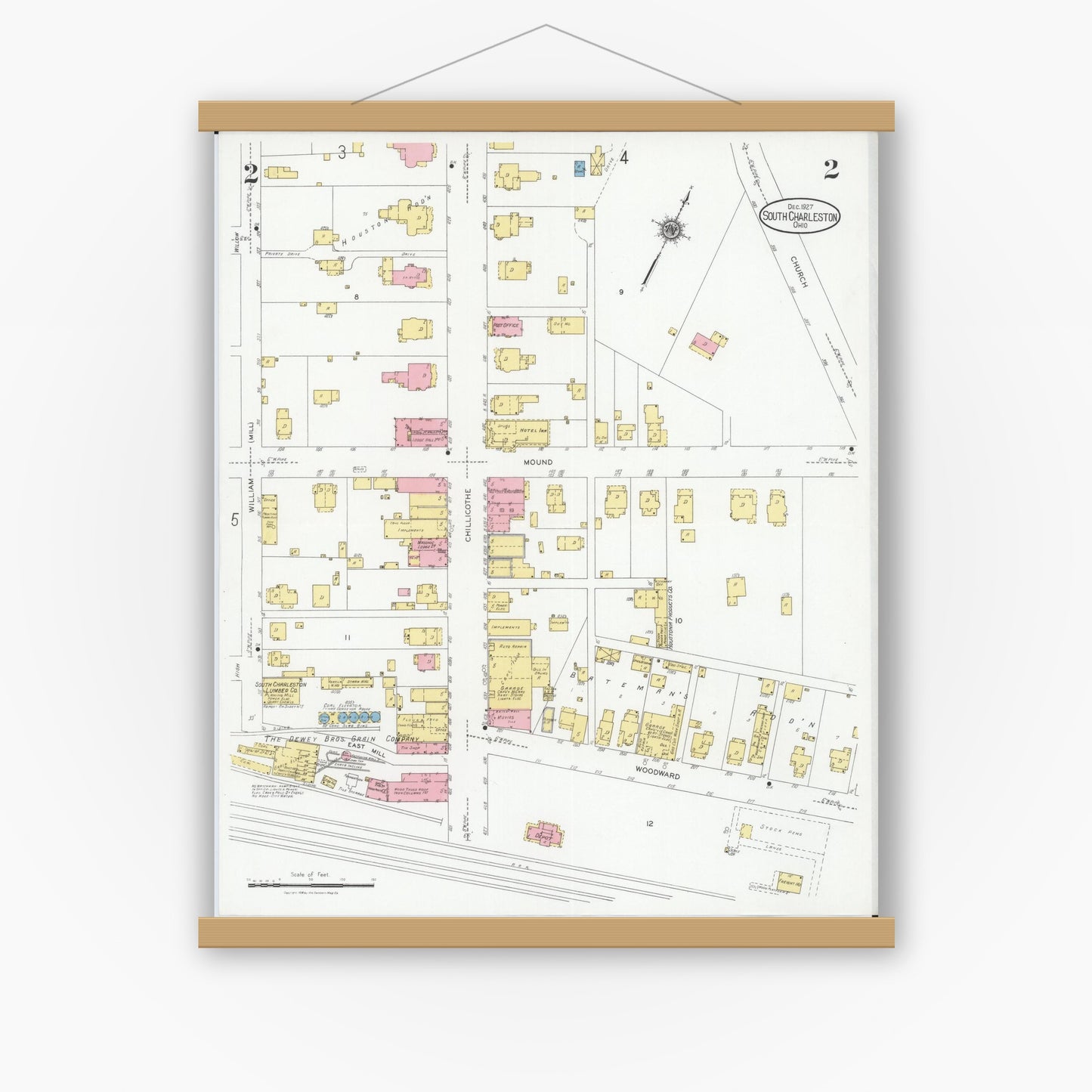 Old map wall art mockup — magnetic wood frame on white wall — Sanborn Fire Insurance Map from South Charleston, Clark County, Ohio (1927), Sheet #0002