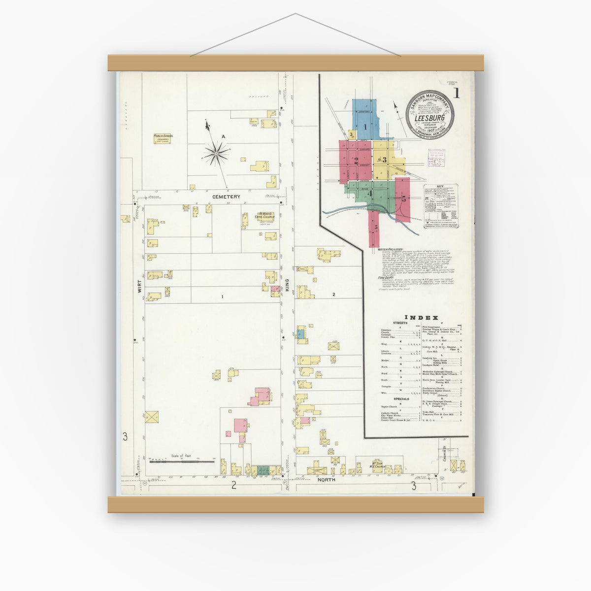 Old map wall art mockup — magnetic wood frame on white wall — Sanborn Fire Insurance Map from Leesburg, Loudoun County, Virginia (1907) - Complete Map Set