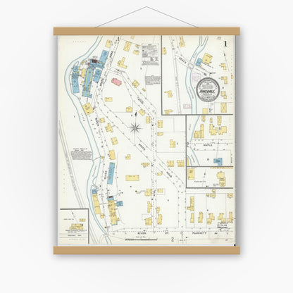 Old map wall art mockup — magnetic wood frame on white wall — Sanborn Fire Insurance Map from Hinsdale, Berkshire County, Massachusetts (1905), Sheet #0001