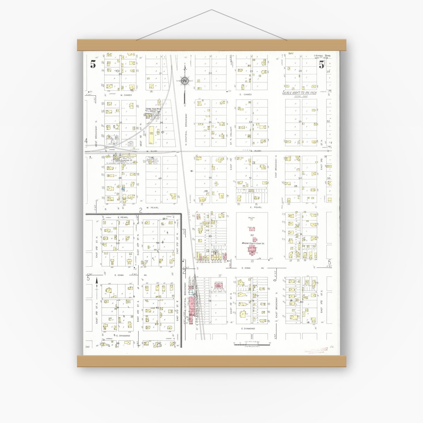 Old map wall art mockup — magnetic wood frame on white wall — Sanborn Fire Insurance Map from Onawa, Monona County, Iowa (1934), Sheet #0005
