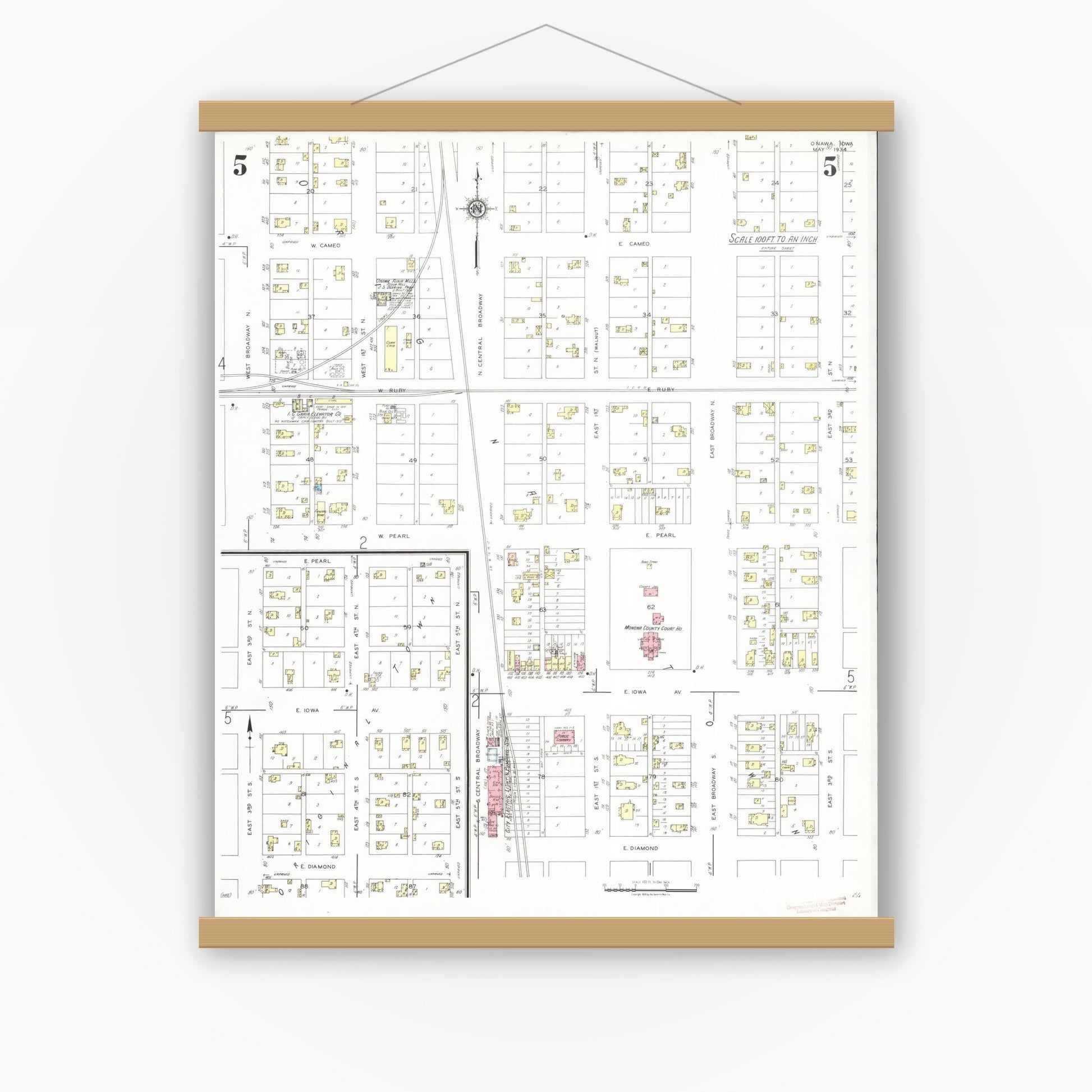 Old map wall art mockup — magnetic wood frame on white wall — Sanborn Fire Insurance Map from Onawa, Monona County, Iowa (1934), Sheet #0005