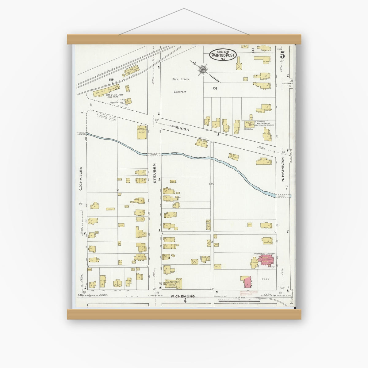 Old map wall art mockup — magnetic wood frame on white wall — Sanborn Fire Insurance Map from Painted Post, Steuben County, New York (1921), Sheet #0005