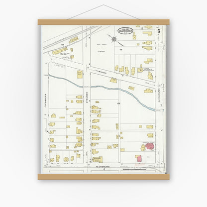 Old map wall art mockup — magnetic wood frame on white wall — Sanborn Fire Insurance Map from Painted Post, Steuben County, New York (1921), Sheet #0005