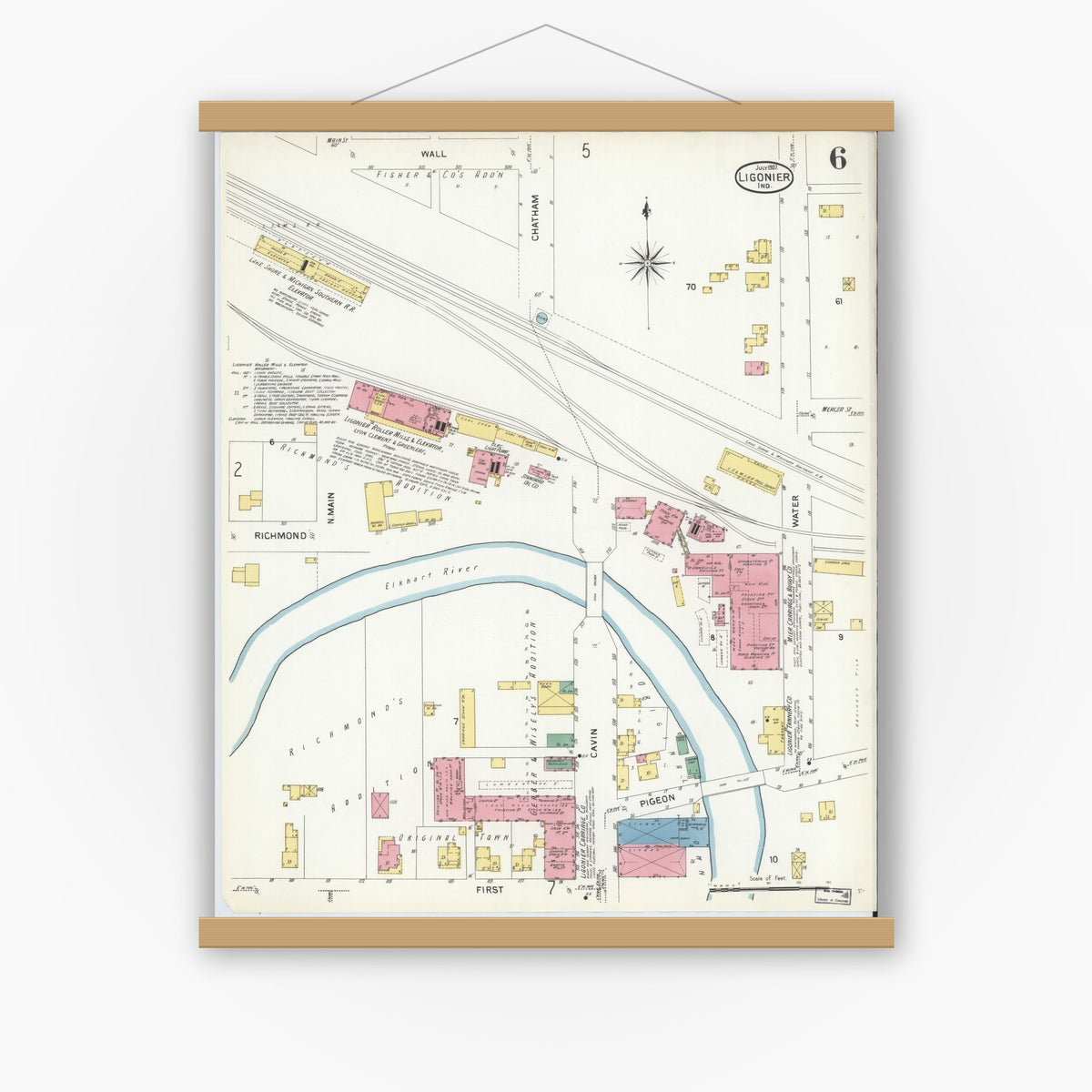 Old map wall art mockup — magnetic wood frame on white wall — Sanborn Fire Insurance Map from Ligonier, Noble County, Indiana (1907), Sheet #0006