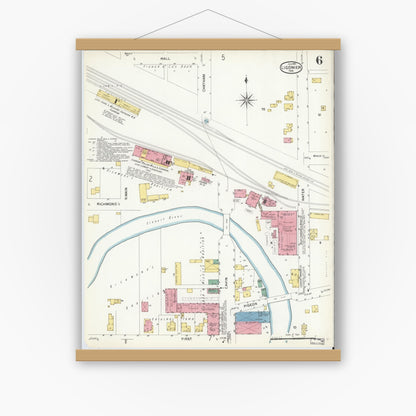 Old map wall art mockup — magnetic wood frame on white wall — Sanborn Fire Insurance Map from Ligonier, Noble County, Indiana (1907), Sheet #0006