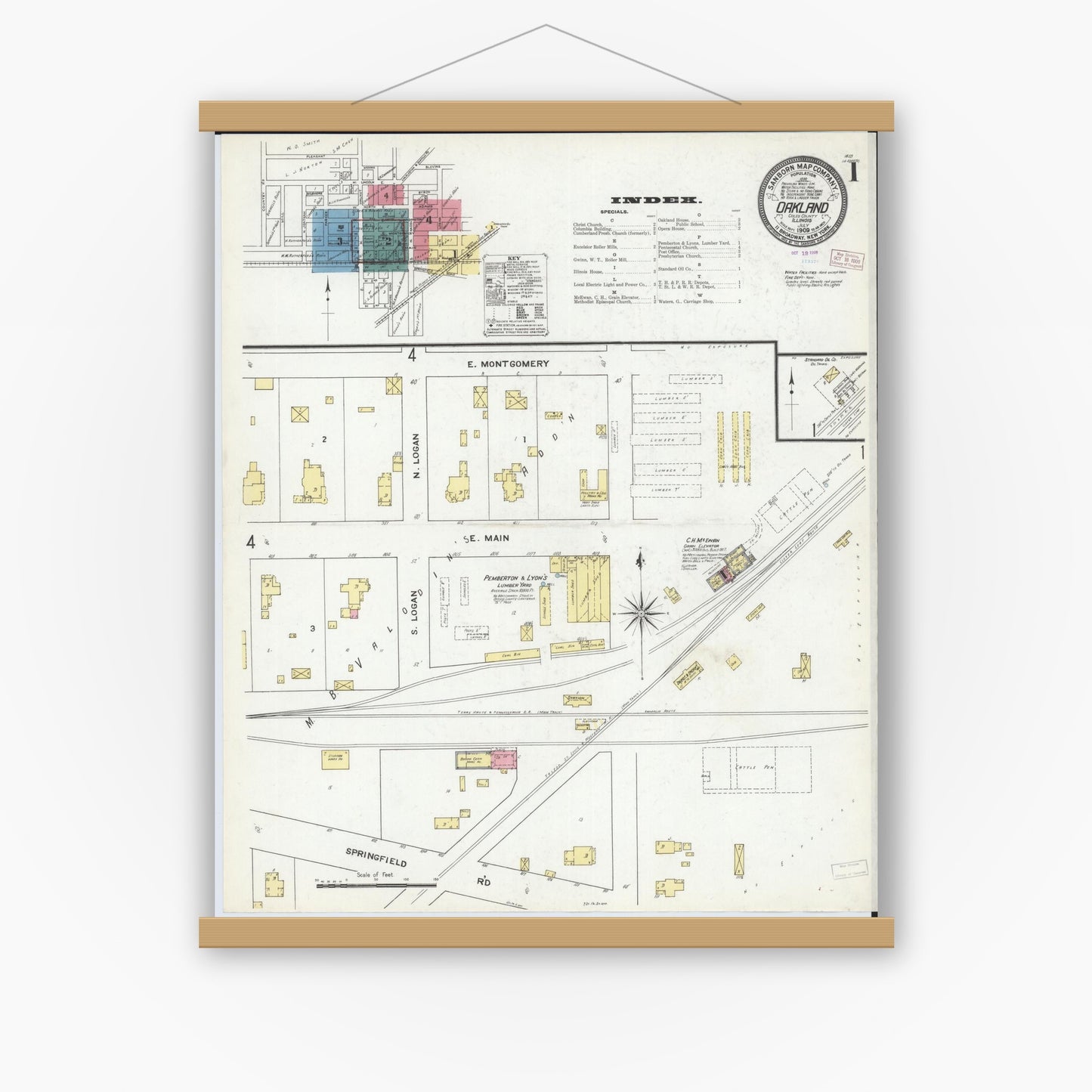 Old map wall art mockup — magnetic wood frame on white wall — Sanborn Fire Insurance Map from Oakland, Coles County, Illinois (1909), Sheet #0001