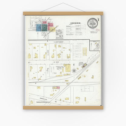 Old map wall art mockup — magnetic wood frame on white wall — Sanborn Fire Insurance Map from Oakland, Coles County, Illinois (1909), Sheet #0001