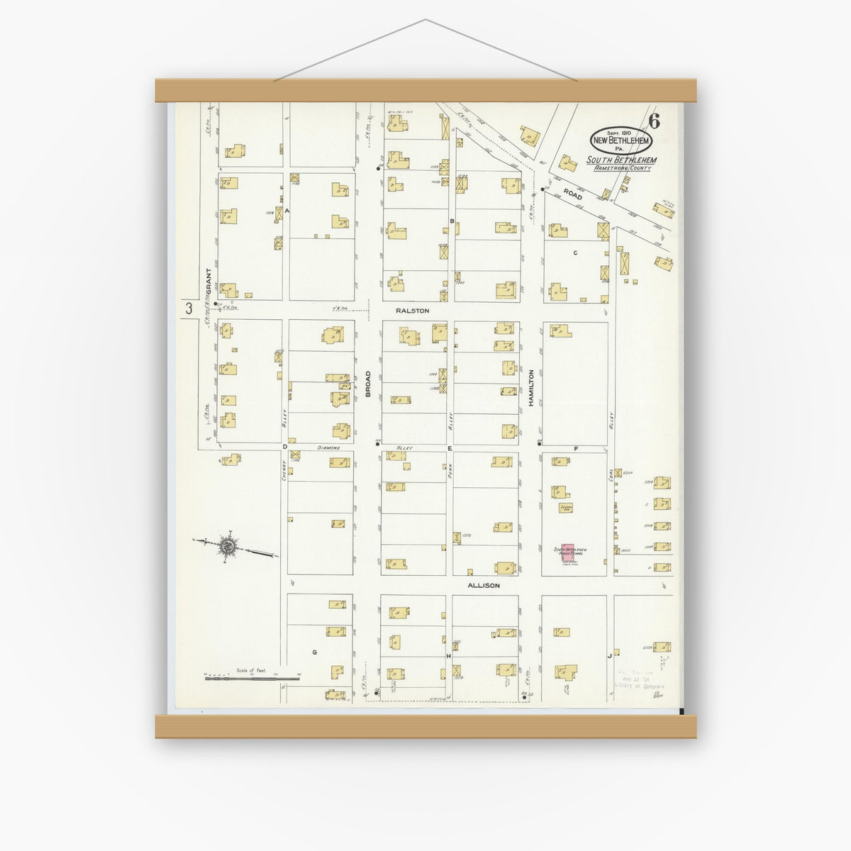 Old map wall art mockup — magnetic wood frame on white wall — Sanborn Fire Insurance Map from New Bethlehem, Clarion County, Pennsylvania (1910), Sheet #0006