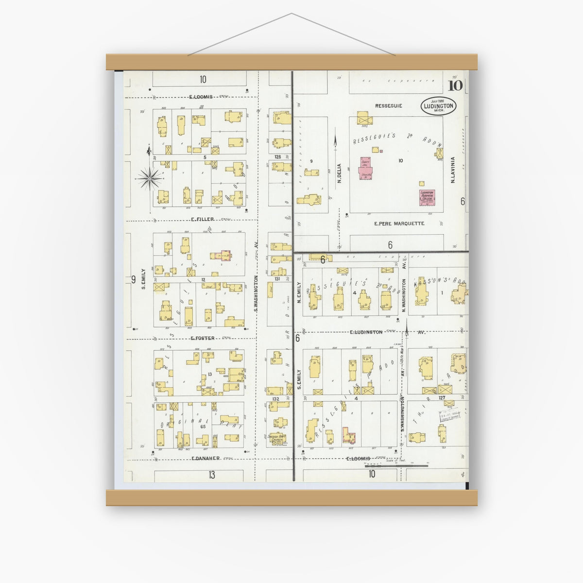 Old map wall art mockup — magnetic wood frame on white wall — Sanborn Fire Insurance Map from Ludington, Mason County, Michigan (1900), Sheet #0010