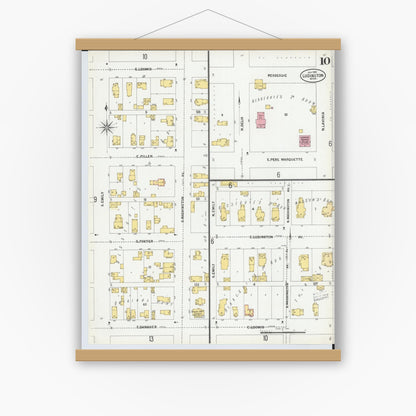 Old map wall art mockup — magnetic wood frame on white wall — Sanborn Fire Insurance Map from Ludington, Mason County, Michigan (1900), Sheet #0010