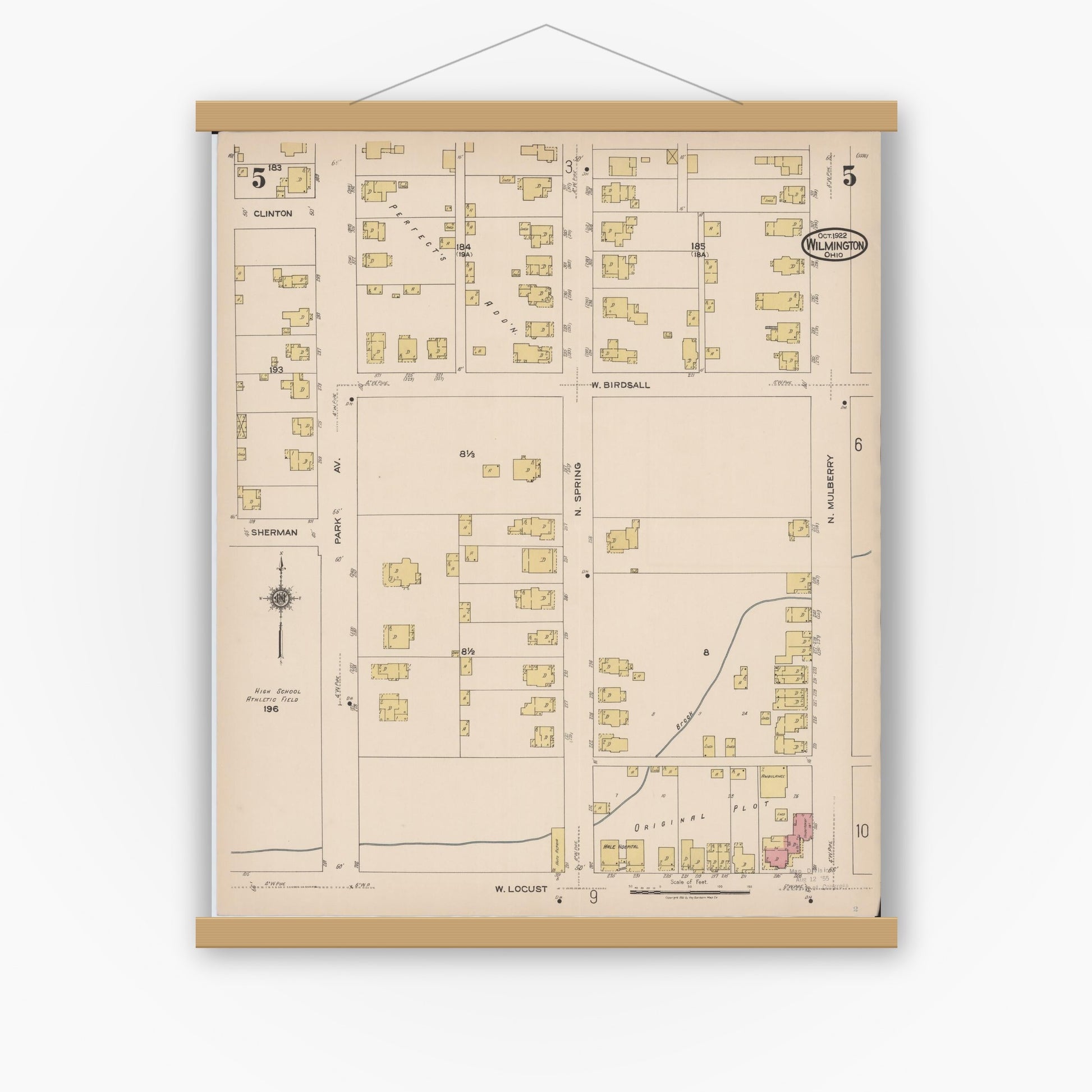 Old map wall art mockup — magnetic wood frame on white wall — Sanborn Fire Insurance Map from Wilmington, Clinton County, Ohio (1922), Sheet #0005