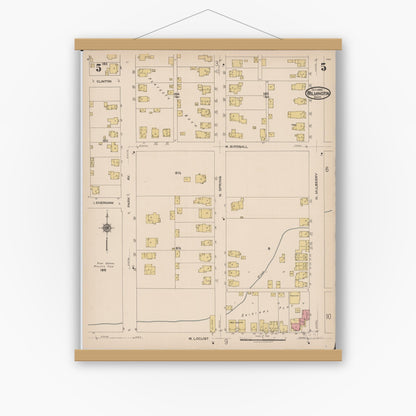 Old map wall art mockup — magnetic wood frame on white wall — Sanborn Fire Insurance Map from Wilmington, Clinton County, Ohio (1922), Sheet #0005
