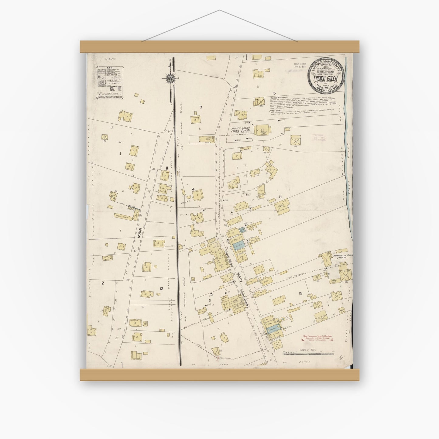 Old map wall art mockup — magnetic wood frame on white wall — Sanborn Fire Insurance Map from French Gulch, Shasta County, California (1912), Sheet #0001