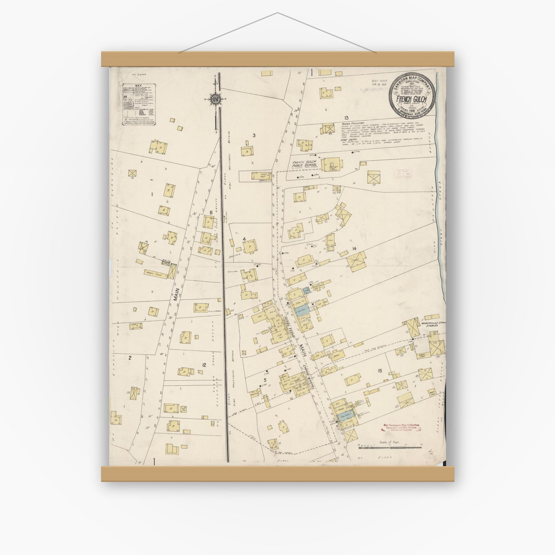 Old map wall art mockup — magnetic wood frame on white wall — Sanborn Fire Insurance Map from French Gulch, Shasta County, California (1912), Sheet #0001