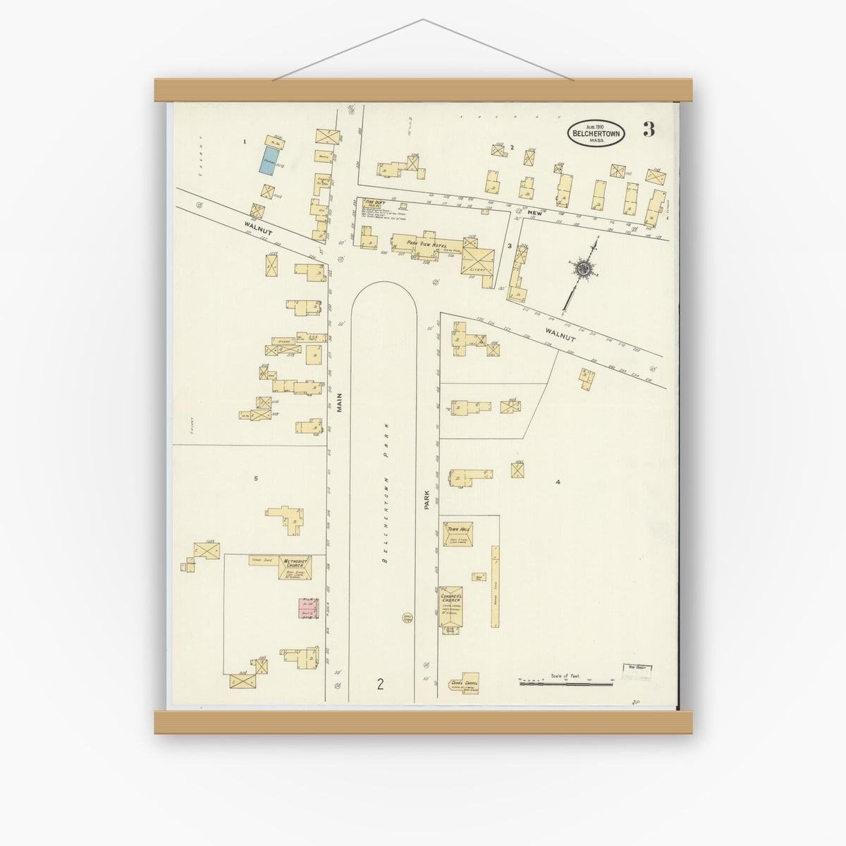 Old map wall art mockup — magnetic wood frame on white wall — Sanborn Fire Insurance Map from Belchertown, Hampshire County, Massachusetts (1910), Sheet #0003
