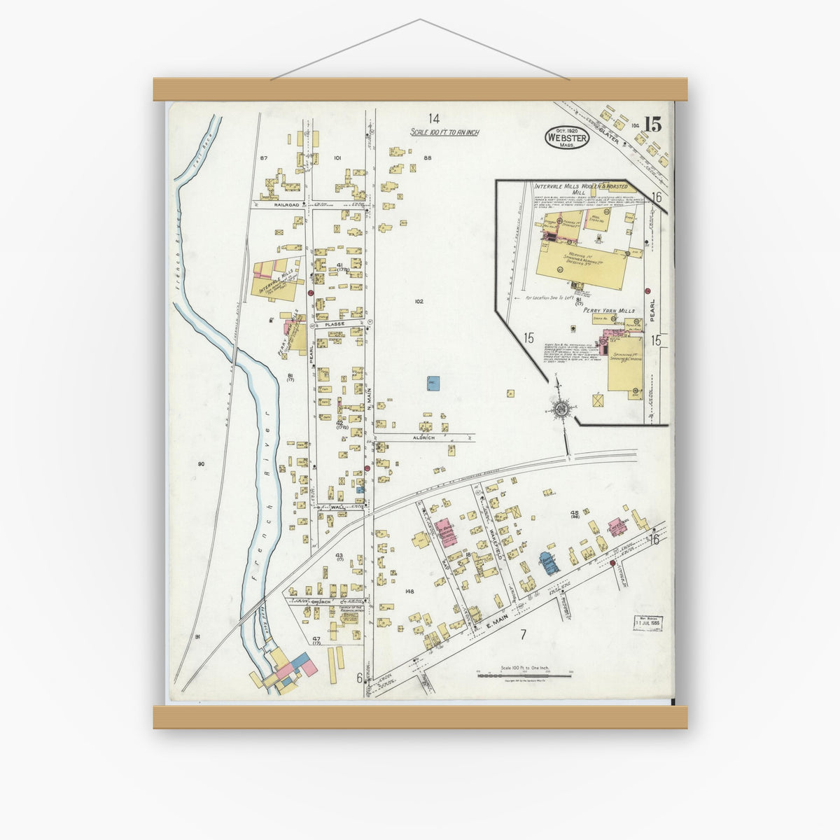 Old map wall art mockup — magnetic wood frame on white wall — Sanborn Fire Insurance Map from Webster, Worcester County, Massachusetts (1920), Sheet #0015