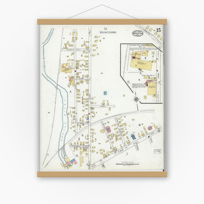 Old map wall art mockup — magnetic wood frame on white wall — Sanborn Fire Insurance Map from Webster, Worcester County, Massachusetts (1920), Sheet #0015