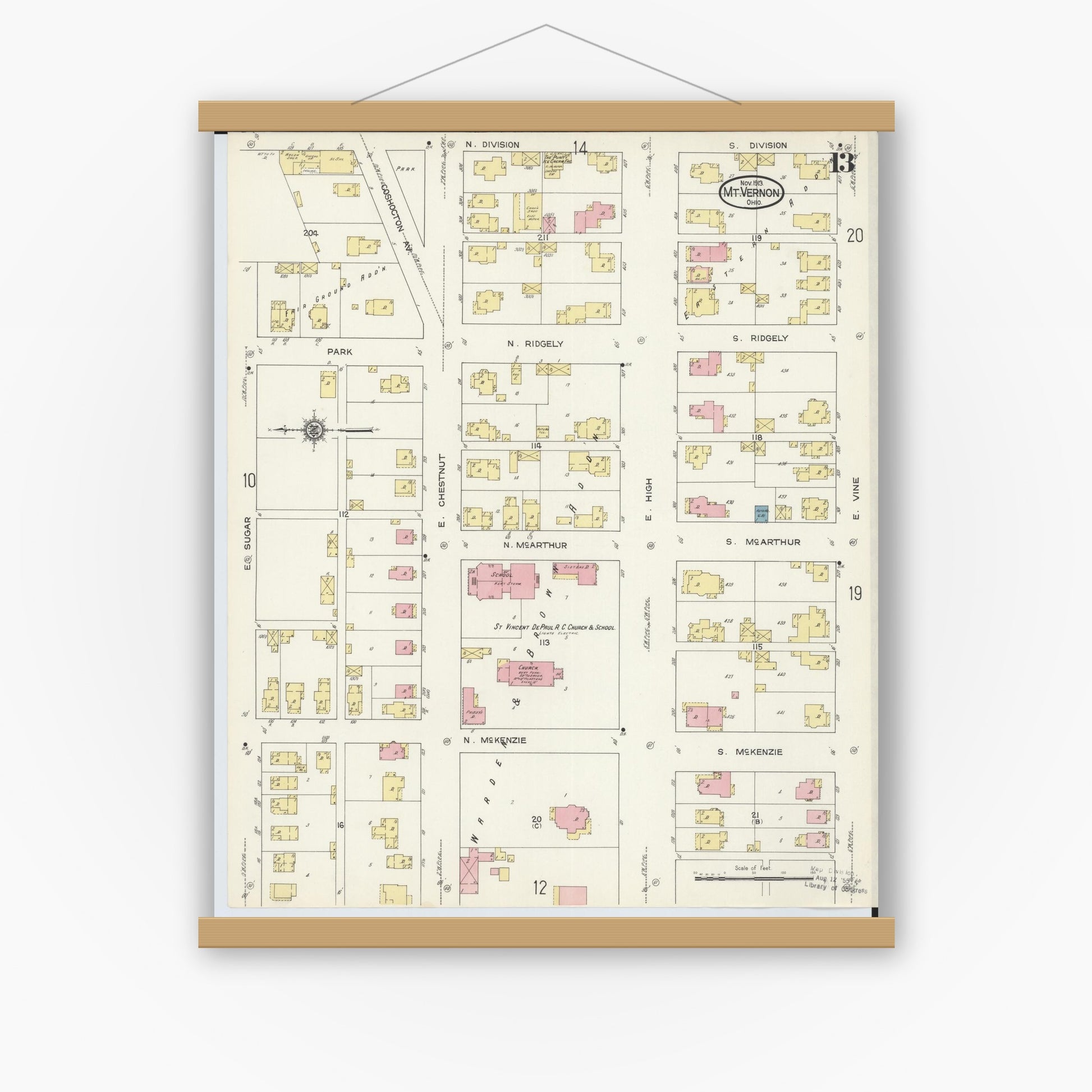 Old map wall art mockup — magnetic wood frame on white wall — Sanborn Fire Insurance Map from Mount Vernon, Knox County, Ohio (1913), Sheet #0013