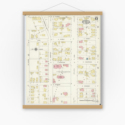 Old map wall art mockup — magnetic wood frame on white wall — Sanborn Fire Insurance Map from Mount Vernon, Knox County, Ohio (1913), Sheet #0013