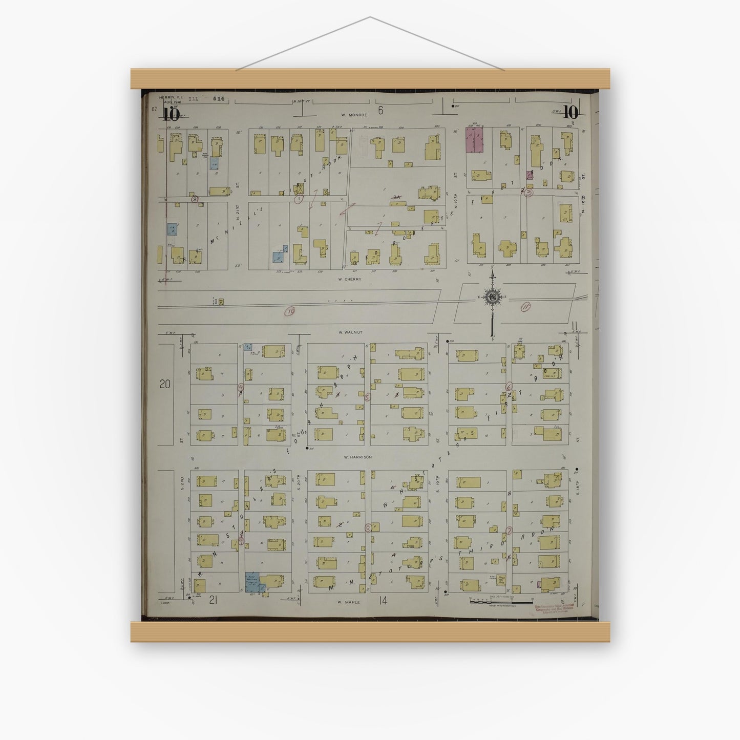 Old map wall art mockup — magnetic wood frame on white wall — Sanborn Fire Insurance Map from Herrin, Williamson County, Illinois (1947), Sheet #0010