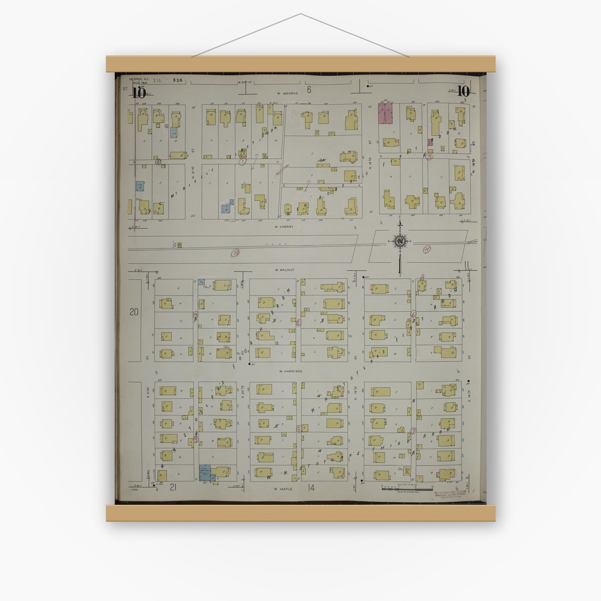 Old map wall art mockup — magnetic wood frame on white wall — Sanborn Fire Insurance Map from Herrin, Williamson County, Illinois (1947), Sheet #0010